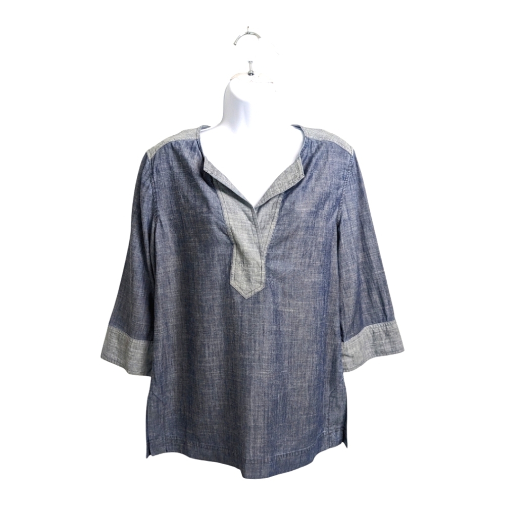 Trina Turk Lyocell Linen Blend Blue Chambray Top Size S Light Casual 3/4 Sleeve